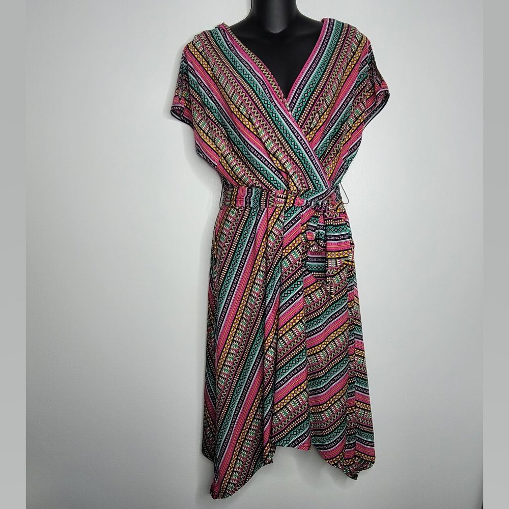 Phoebe Couture Womens Dress 6 Faux Wrap Multicolor Stripes Tie Belt Boho Hi Low
